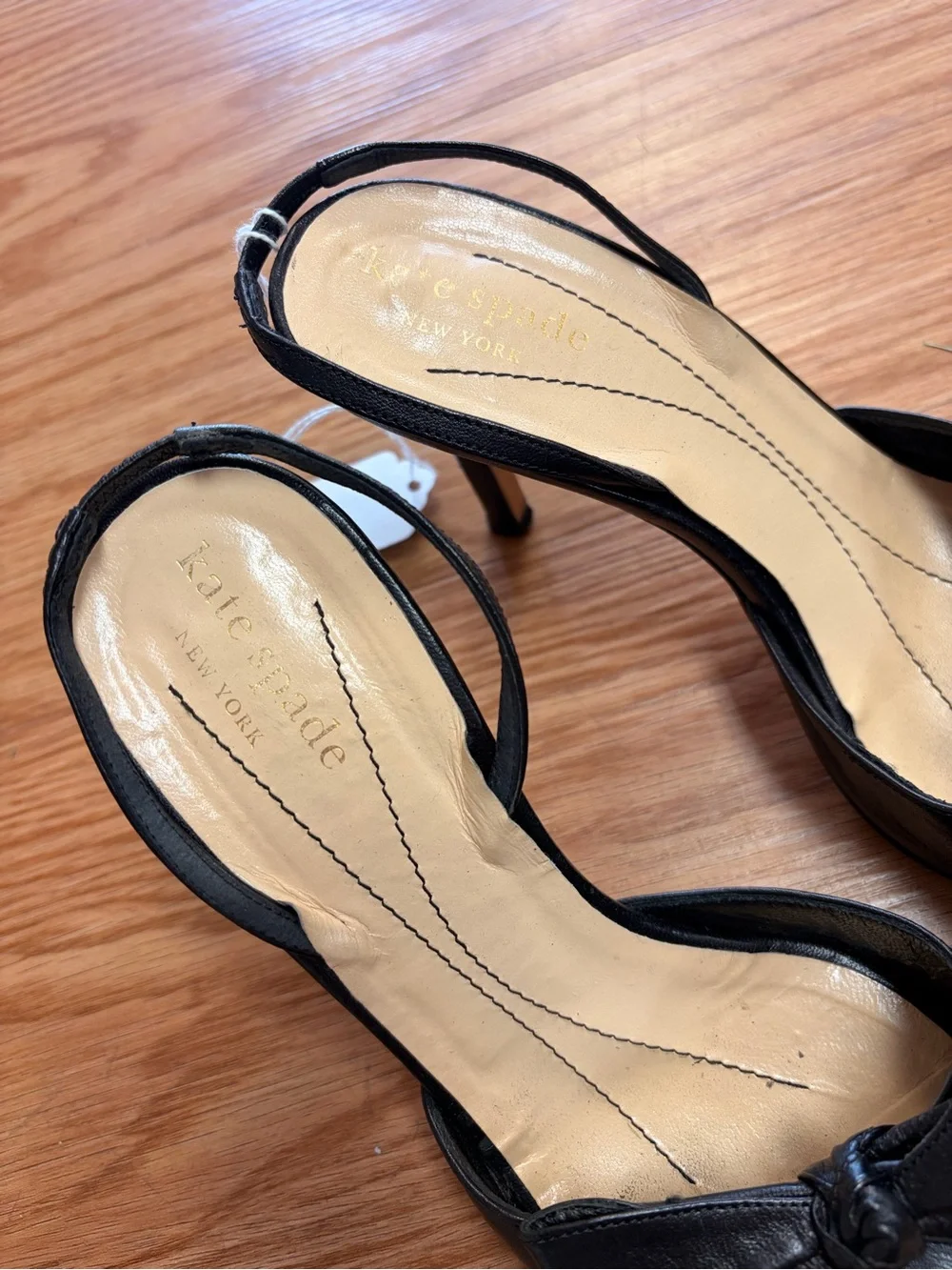 Kate Spade black leather peep toe sling back heels with bow detail
